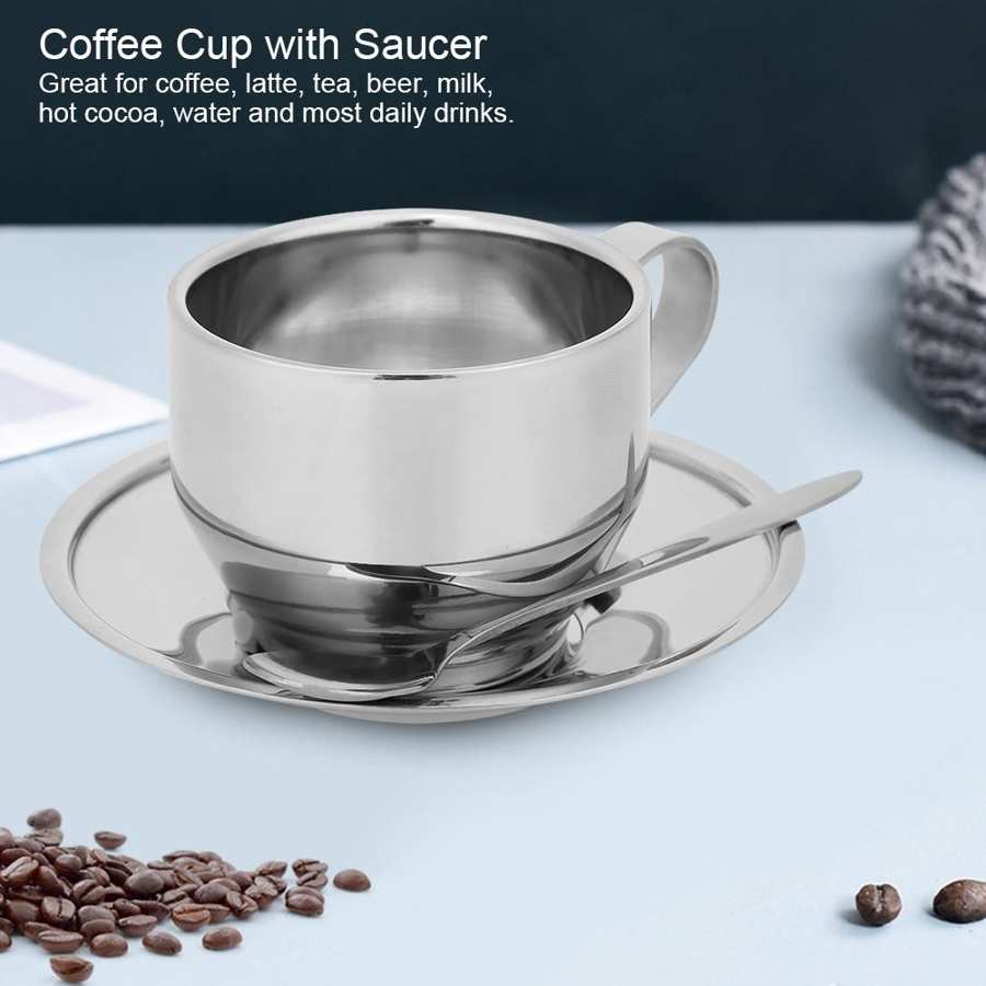 Silver Stainless Steel Anti-Scald Coffee Cup Mugs Espresso Cups with Spoon Saucer Set Tableware