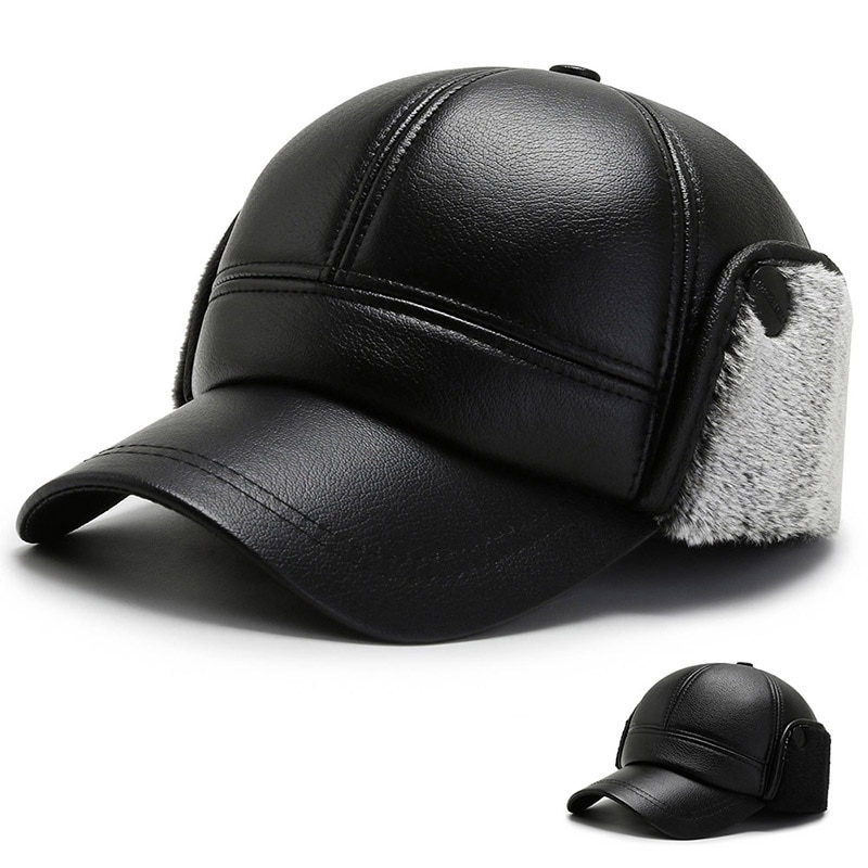 Zwarte pu leren wintermutsen snapback oorkleppen baseballpet heren gehoorbescherming skimuts outdoor plus fluwelen verdikking warm  l15
