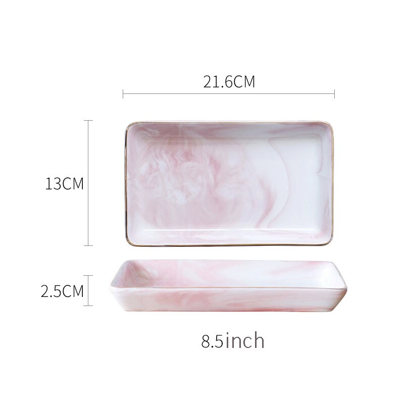 Gold Marble Ceramic Plate Dish Dessert Food Plate Jewelry Ring Necklace Dish Bathroom Vanity Storage Tray Trinket Dish: 8.5 pink rectangular