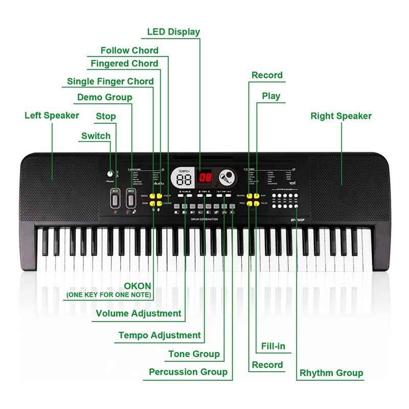 Bigfun Kids 61 Keys Electronic Piano Keyboard Music Piano with Microphone/Double Speaker Educational Instrument