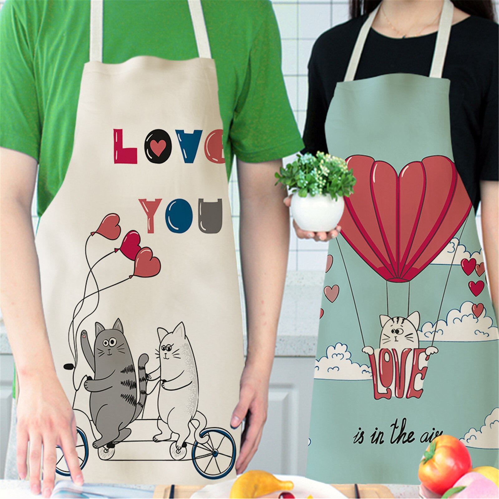 25#Adult Aprons Family Kitchen Accessories Valentine's Day Print Linen Family Aprons Accessories Cleaning Clothes Aprons