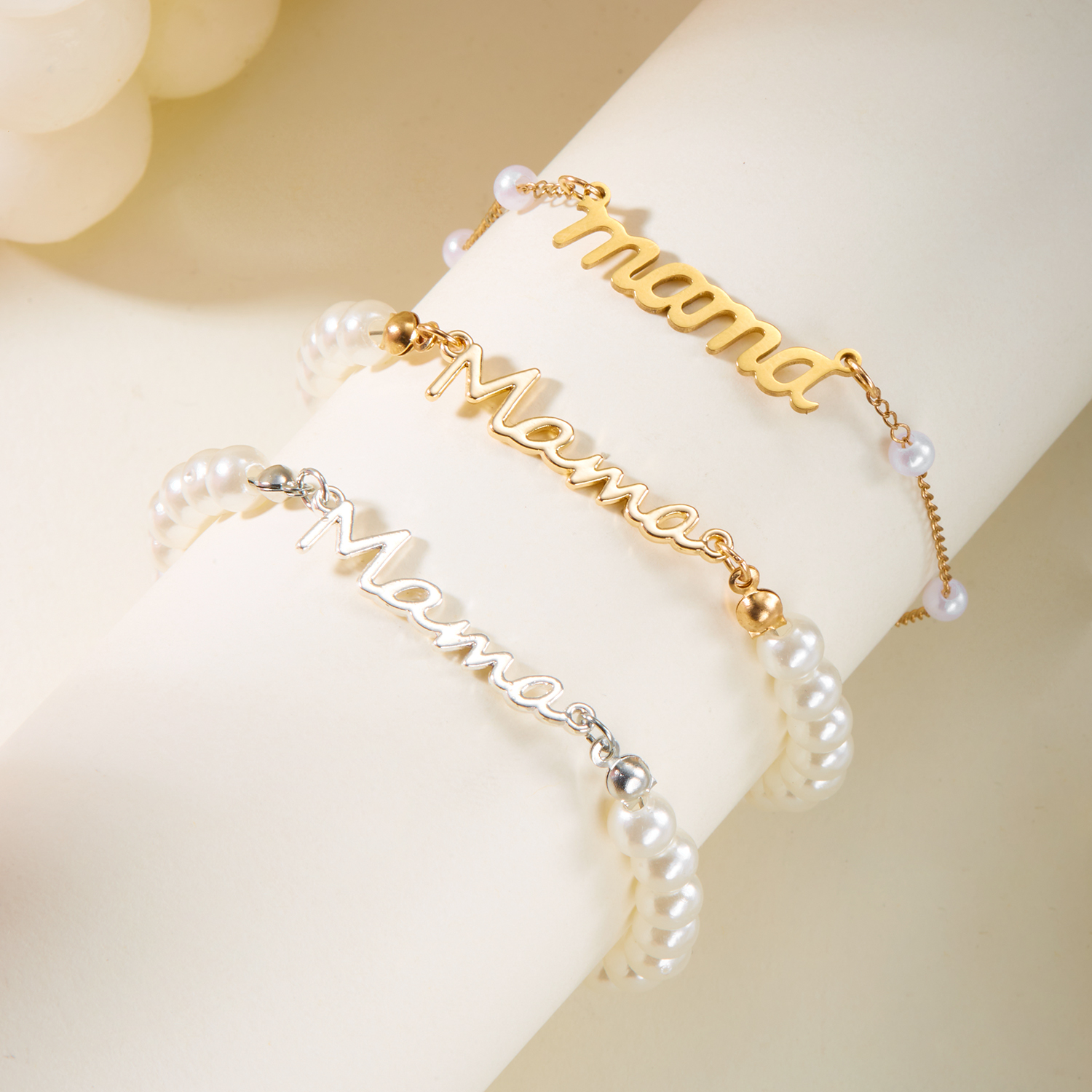 Pulseras con colgante de mamá con letras de perlas de imitación, dijes de , pulsera de cadenas de acero inoxidable para mujer, joyería, para el día de la madre