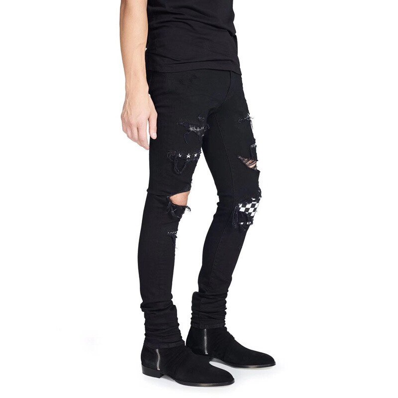High street herr jeans svart stor storlek hål hip hop jeans herr trasiga punk byxor patch skinny ripped jeans för män