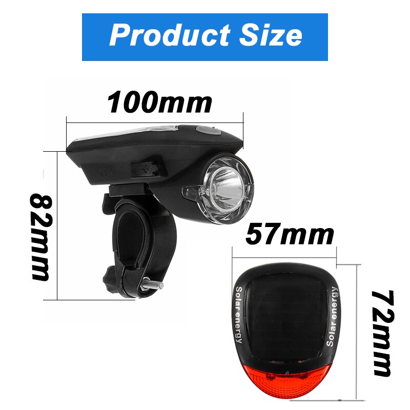 Solar Power Bike Light USB 240 Lumen 3 Mode Fiets Front Light Lamp Fiets Koplamp Fietsen LED Zaklamp Achter Achterlicht set
