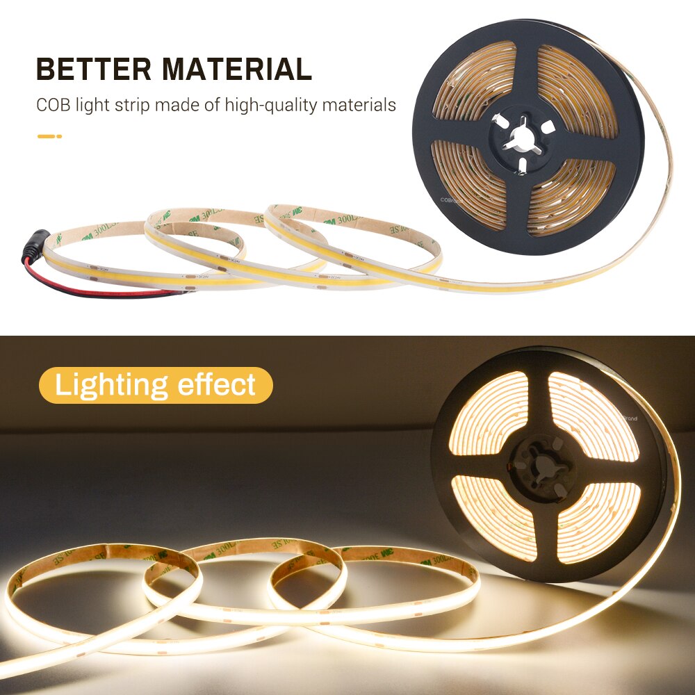 Tira de luces LED COB para exteriores, cinta Flexible de alta densidad, resistente al agua IP65, 12V/24V, 5 m/rollo, 8mm, 480 LED, para cocina y armario
