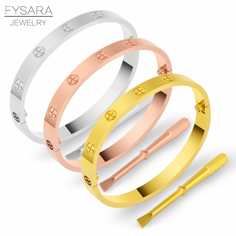 FYSARALuxury Titanium Steel Classic Crystals Cross Bangles Women Men Screwdriver Wristband Bangle Couple Gold Love Screw Bangles