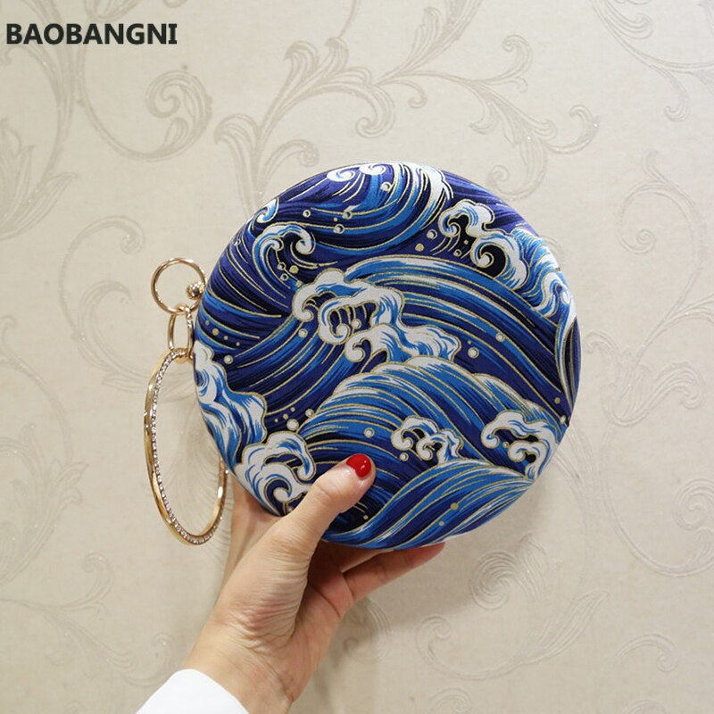 Borsa da sera rotonda retrò da donna anelli di moda blu pochette con diamanti borsa da donna con ricamo borse da festa di nozze