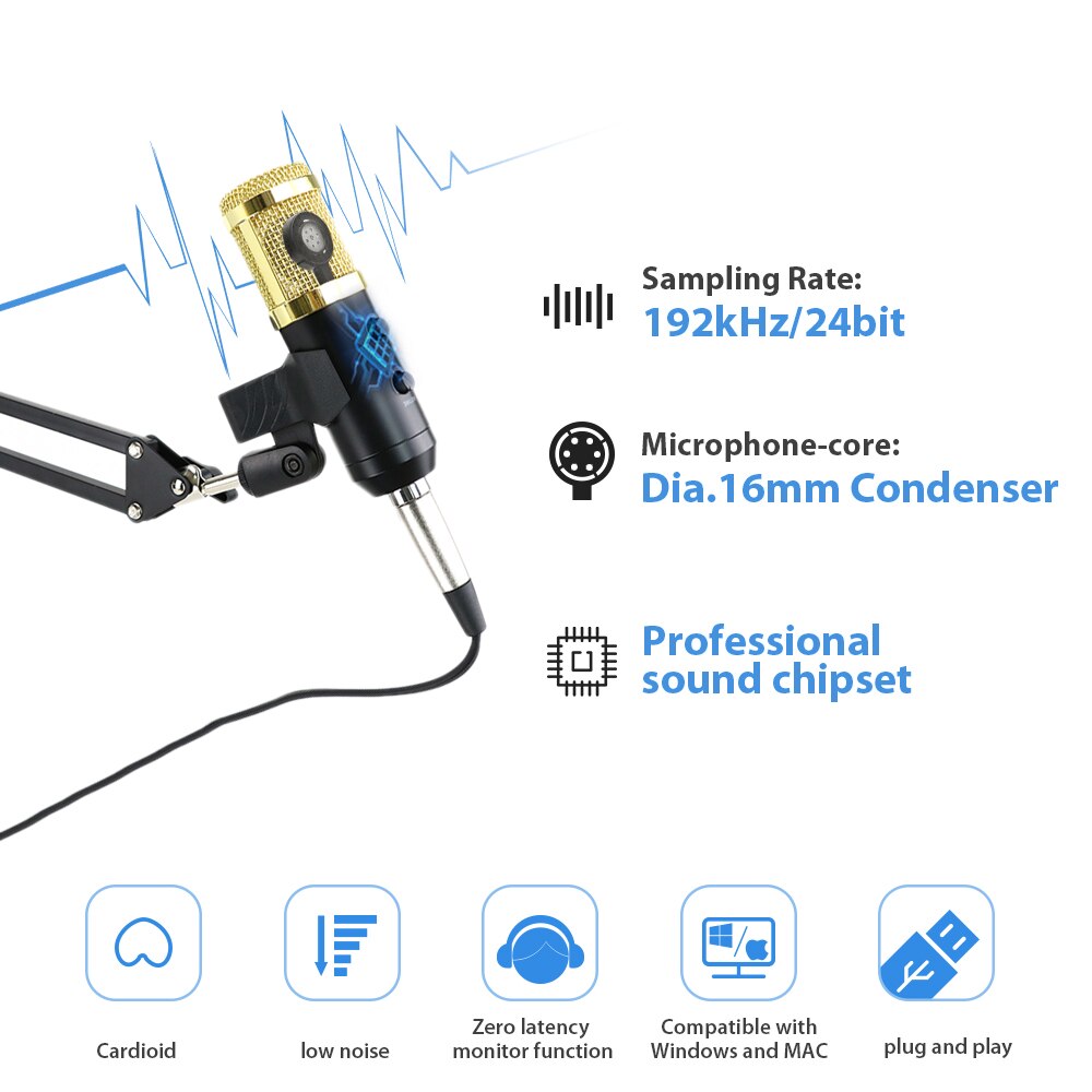 bm 800 Condenser Microphone for PC Computer Streams Recording USB Microphone karaoke studio microfono with stand , pop filter