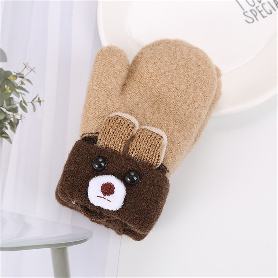 Warmom Cute Ear Bear Cartoon guanti per bambini inverno lavorato a maglia lana doppio strato più velluto guanti caldi spessi guanti per bambini per 0-3Y: beige