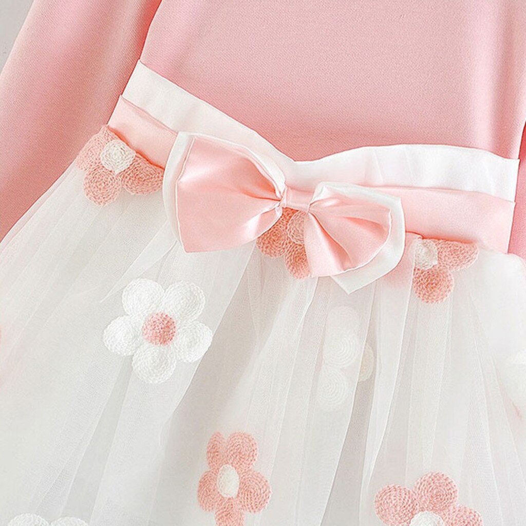 Autumn Newborn Infant Baby Dress Cotton Dress Toddler Kids Baby Girls Long Sleeve Tulle Patchwork Flower Bow Dresses Clothes