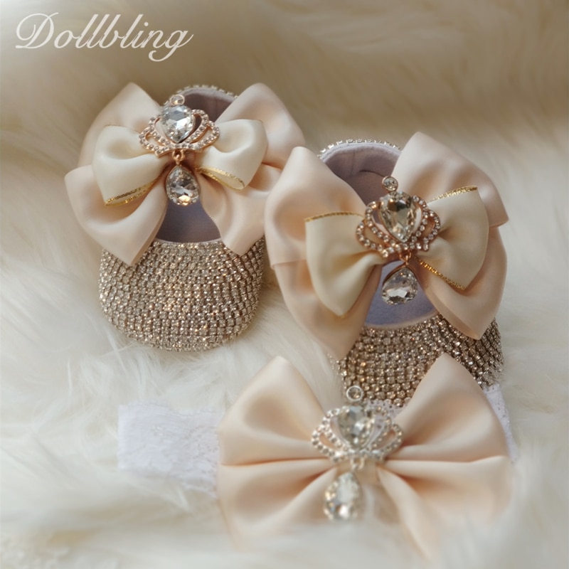 Dollbling Barokke Glam Meisje Eerste Wandelschoenen Golden Crown Exotische Bohemen Unieke Bling Prachtige Strass Baby Wieg Schoenen