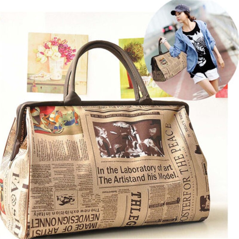 Retro Vintage Tote Handbag Large Capacity Casual Travel Newspaper Pattern Luggage Bag for Women