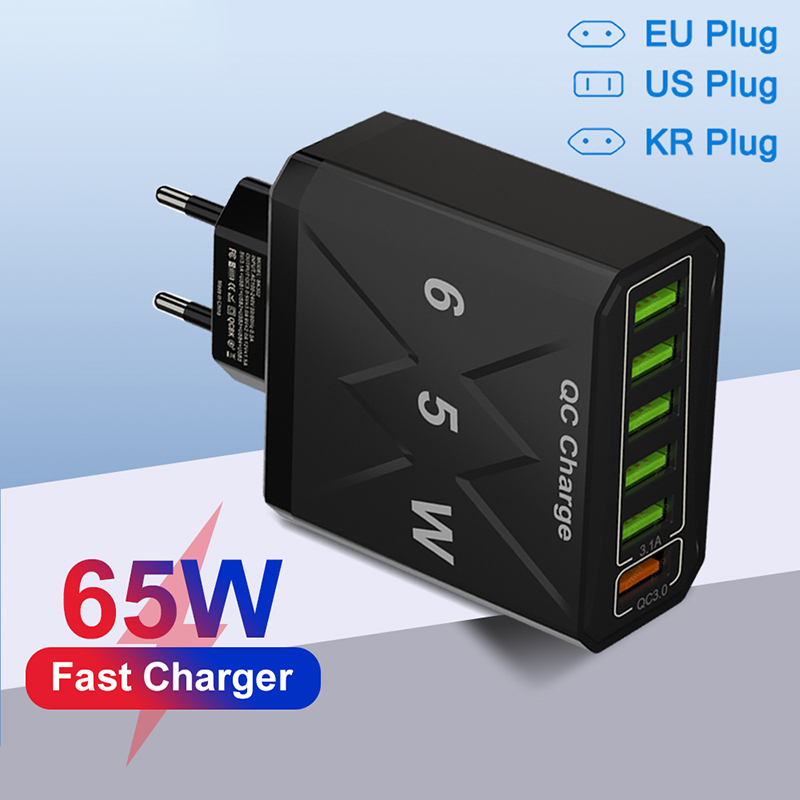 65w mobiele telefoons 6 poorten snellader usb-oplader snellaadadapter 6-- in- -1 qc3.0 us eu-kr-stekker snellader voor iphone
