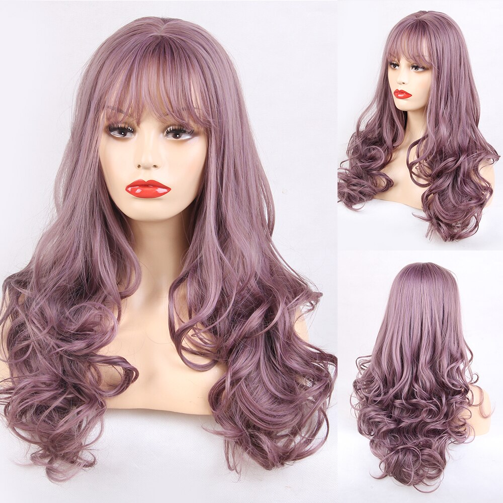 Peluca rubia larga de color marrón con ondas naturales sintéticas y flequillo para fiestas o uso diario: lc119-5