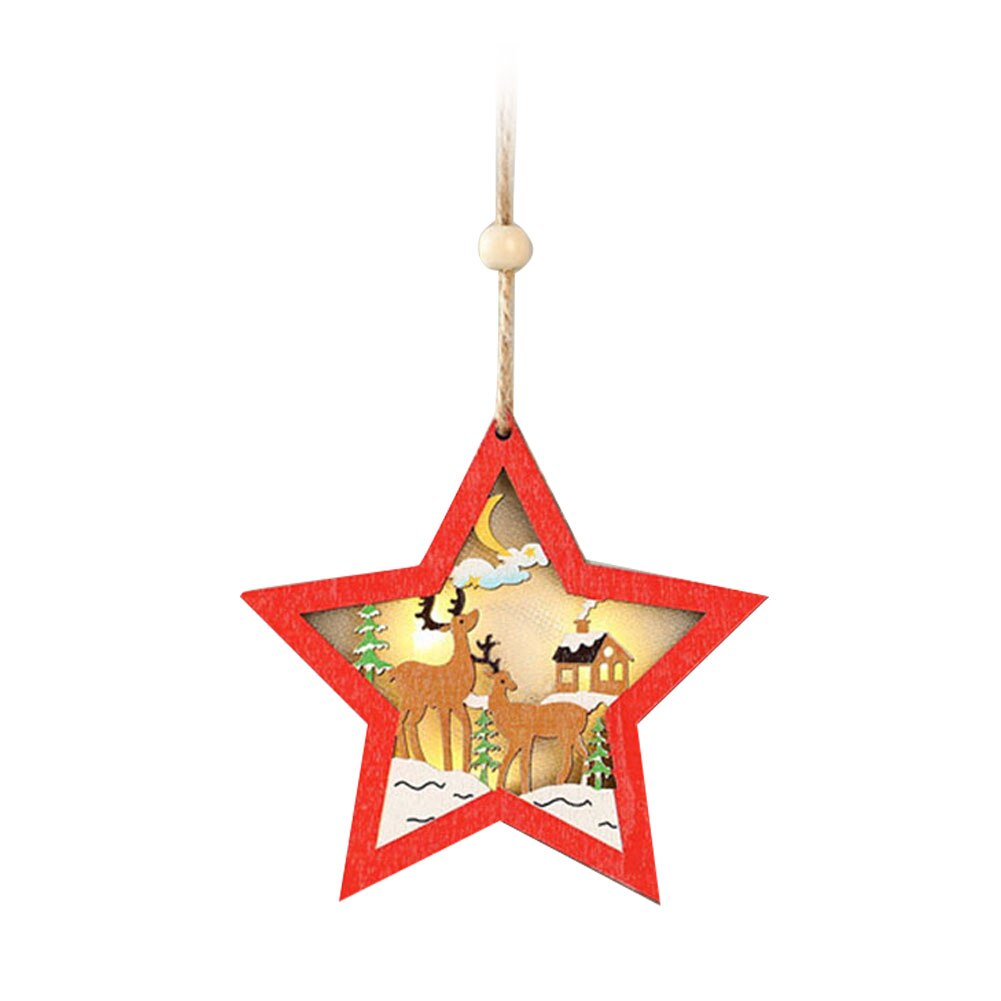 LED light Christmas Tree Star car Wooden Pendants Ornaments Xmas DIY Wood Crafts Kids for Home Christmas Party Decorations: Five pointed Star