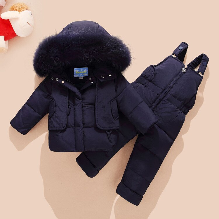 Winter Kinderkleding Set Baby Meisjes Jongens Snowsuits Jas Kids Hooded Kleding Eend Down Jas Bib Broek 2 stks/set overalls: Deep Blue / 3T