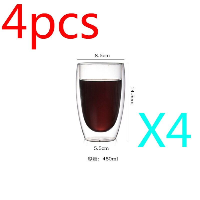 Transparante Double-Layer Isolatie Cup Warmte-Proof Anti-Freeze Melk Kopje Koffie Kopje Thee Cup Drankkop ijs Cup: 450ml x4