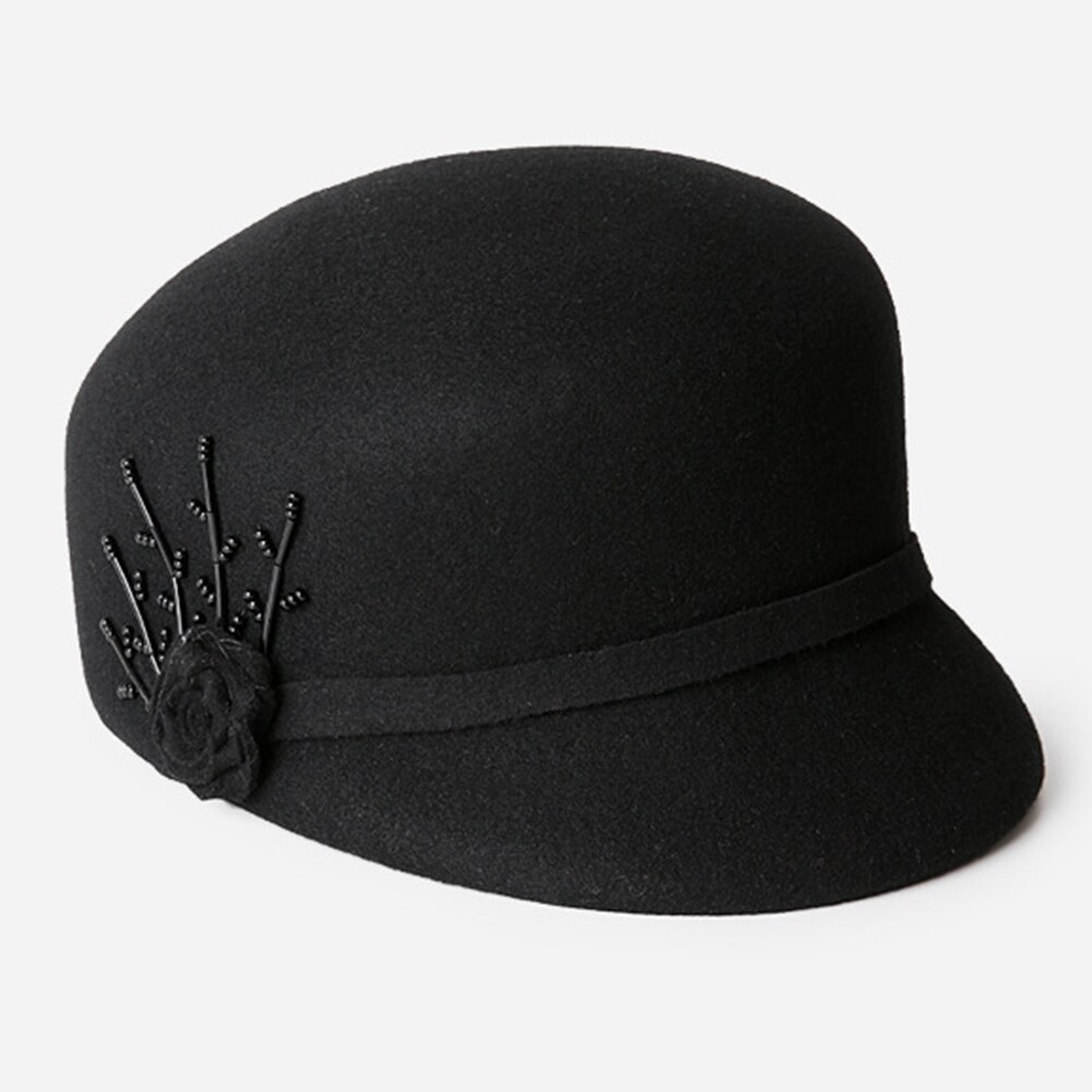 FS 2021 inverno caldo feltro di lana da donna cappellino da strillone cappelli berretto da donna coreano cappello a visiera pittore cappellini con accessori di fiori di lana: nero