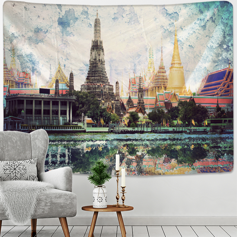 Tower Landscape Oil Painting Tapestry Psychedelic Witchcraft Mystery Polyester Background Cloth Wall Hanging Home Decor: 200x150cm / gt891-1