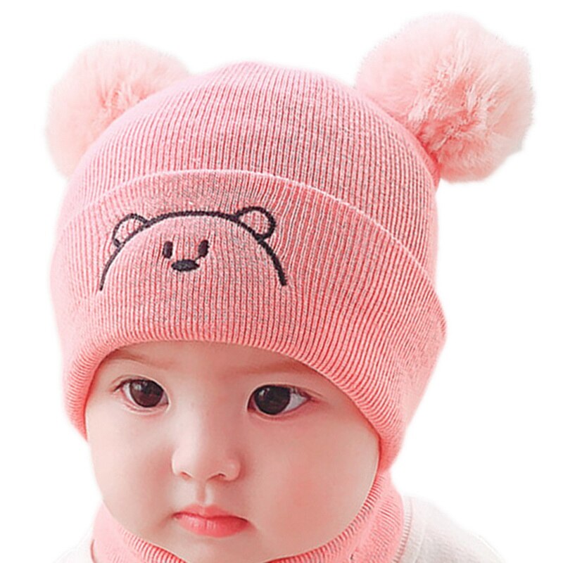 2Pcs Toddler Hat +Twitter Pompon Winter Children Hat Bonnet Enfant Knitted Cute Cap For Girls Boys 0-36 Months: 1 pink