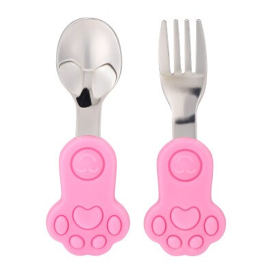 2Pcs Baby Spoon Fork Set Silicone Feeding Spoon Kids Cutlery Short Handle Children Tableware Training Stainless Steel Fork Spoon: Pink