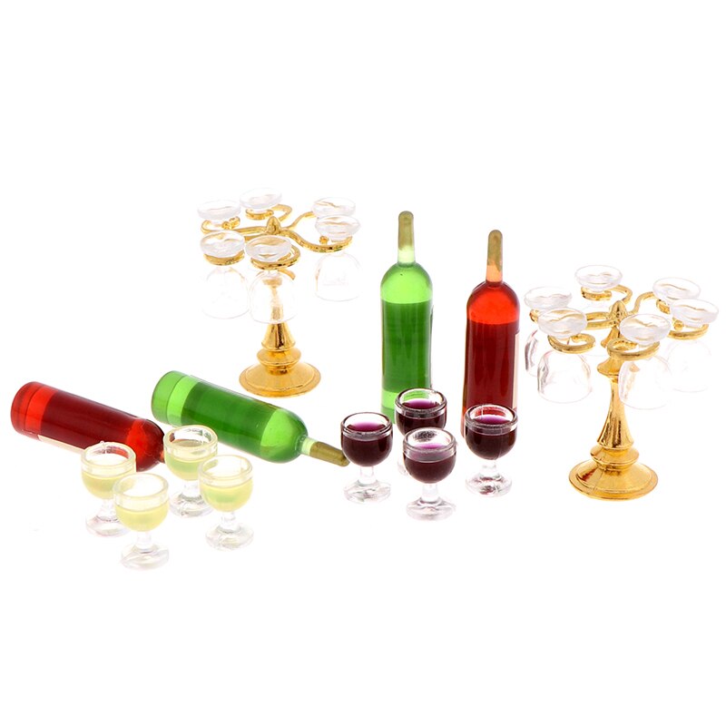 13pcs/set Wine Drink Bottles, Goblets Beer Cups Wine Bottles Cup Holder Dollhouse Miniature Pub Shop & Round Floral Stool Chair