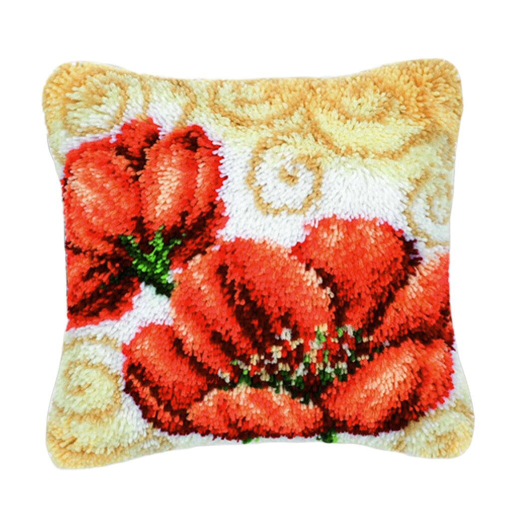 1 Set Decorative Flower Latch Hook Kits Embroidery Pillow Case Cushion Cover: Two Red Flowers