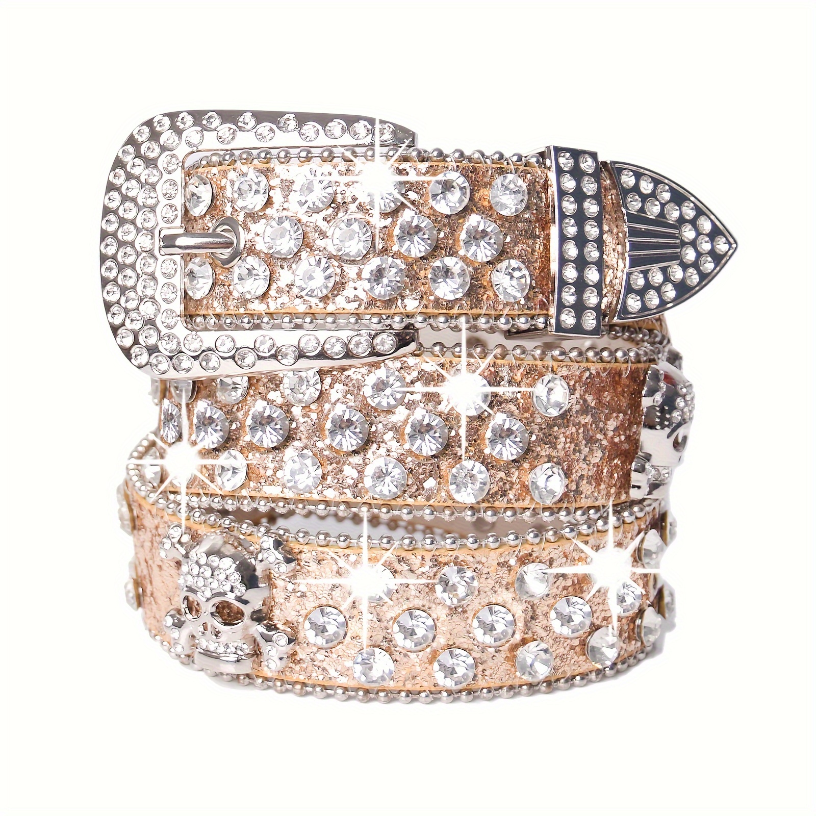 Skull Rivet Rhinestone Bb Belts Trendy Solid Color Sparkling PU Leather Belt Cowboy Cowgirl Jeans Pants Belt For Women Girls: green