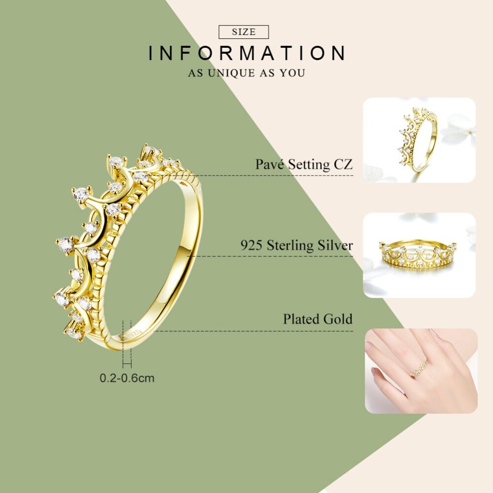 Wostu Real 925 Sterling Zilver Goud Kleur Koningin Kroon Ring Zirkoon Vinger Voor Vrouwen Wedding Engagement Ringen 925 Sieraden CQR493