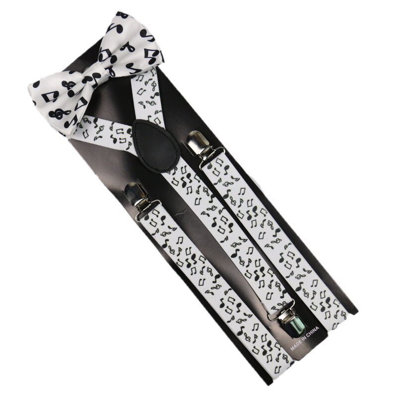 Winfox Vintage Zwart Wit 2.5 cm Brede Bretels Vlinderdas Set Vrouwen Mannen Music Note Bretels Bowtie Brace
