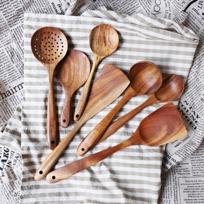 Cuchara de madera Natural teca tailandesa, colador de sopa, cucharas de cocina, cuchara de cocina