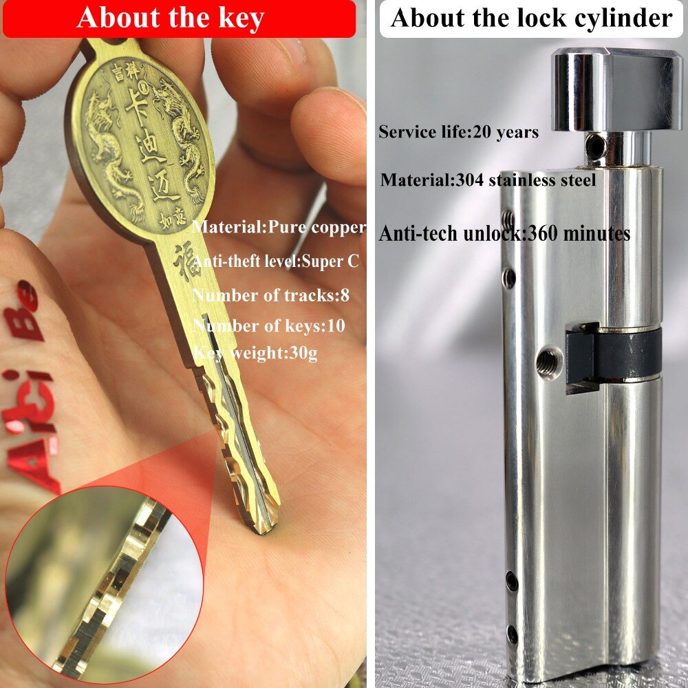 Door cylinder Security Copper Lock Core Security door Handle Brass 10 Keys Anti-Pry Stainless Cylinder door lock bedroom lock