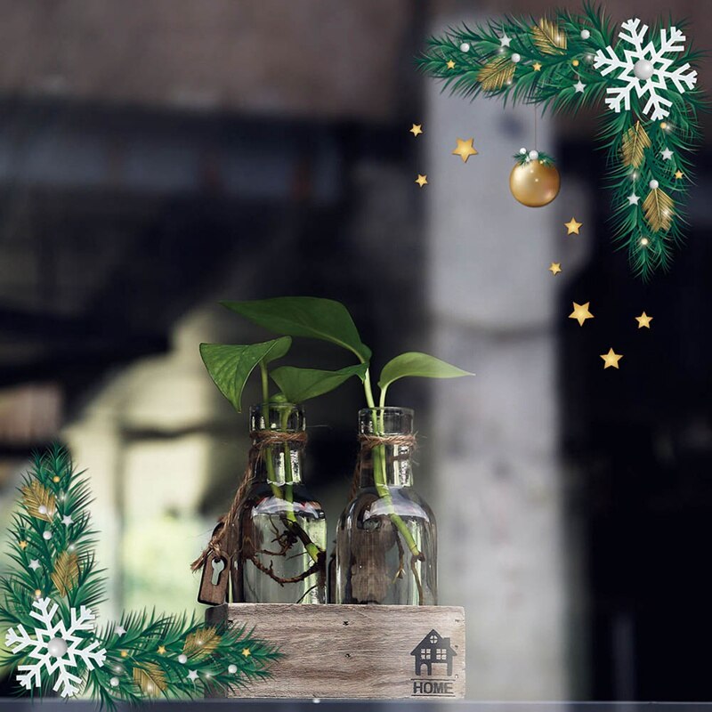 Christmas Green Plant Twig Bell Wall Sticker Simulation Plant Affixed Toilet TV Background Decor Wall Window Decoration Stickers