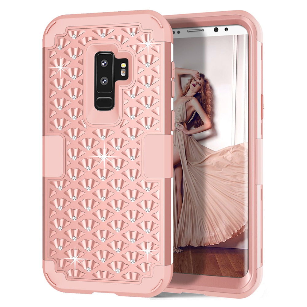 Estuches para Samsung Galaxy S9 Plus, híbrida resistente a golpes con diamantes de imitación brillantes con doble capa de protección contra impactos