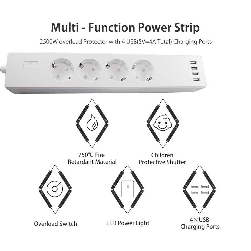 Plug Aangesloten Wifi Smart Power Strip Met 4 Smart Stekkers 4 Usb-poorten Verlengsnoer, werken Met Alexa & Google Assistent