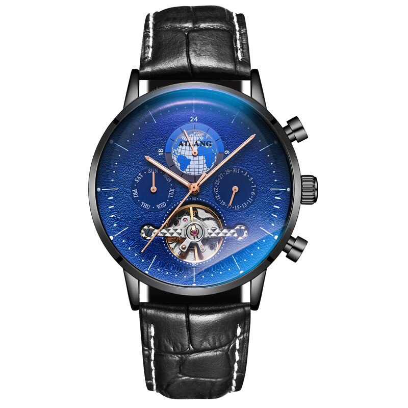Ailang 2022 Mannen Business Tourbillon Automatische Mechanische Horloges Gradiënt Mannen Lederen Waterdichte Band 8613B: Leather Black Blue