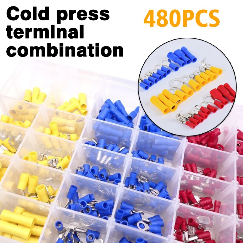 480PCS 12-Size Electrical Wire Terminals Crimp Connectors Assorted Insulated Red Blue Yellow