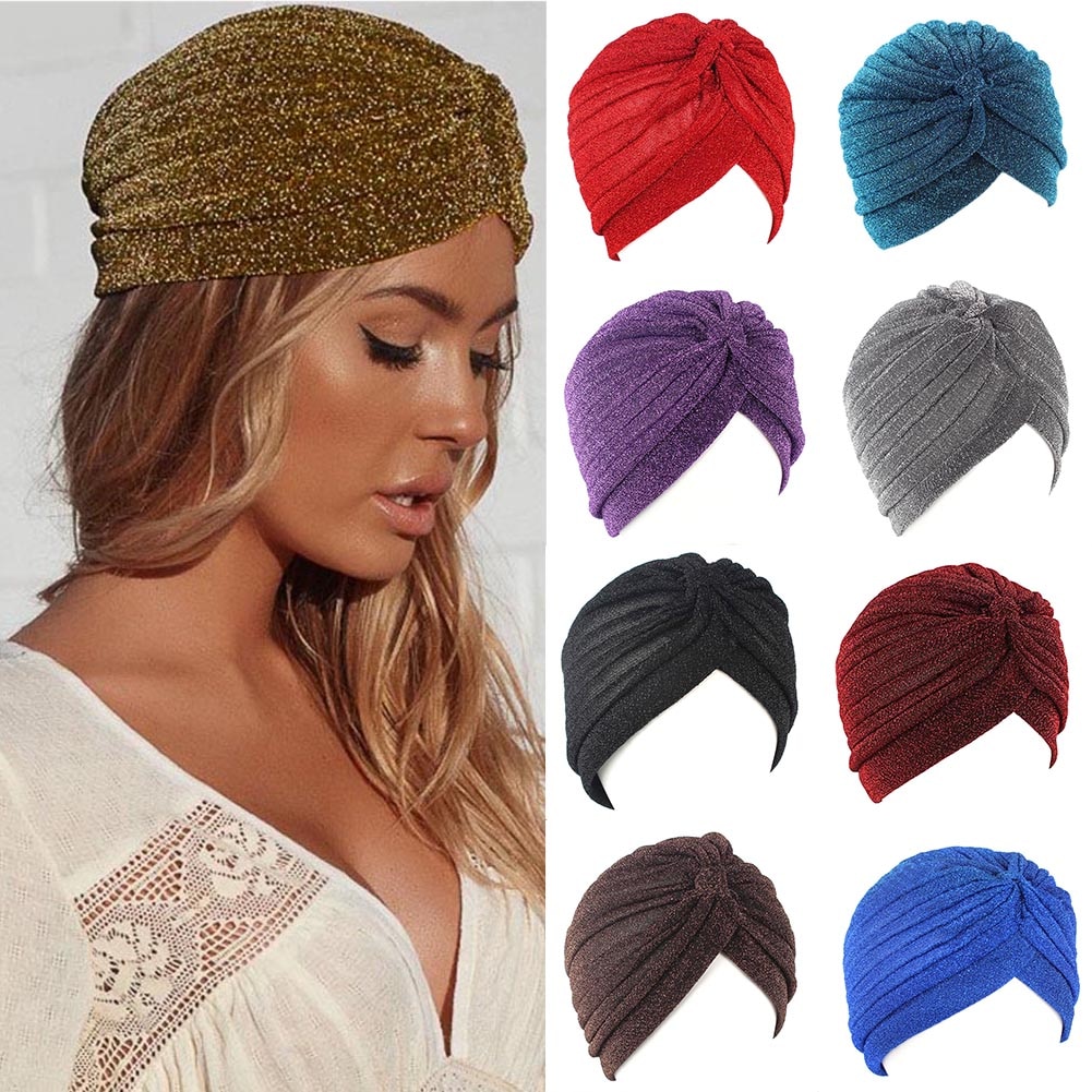 Snoet turban kasket kvinder mænd skinnende muslim hijab kvinde guld sølv glitter hovedtørklæde afslappet ensfarvet indisk hat