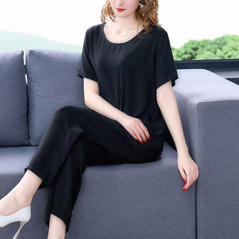 Women Pants 2-Piece Set Female Summer Set Middle aged Female Loose Tops+ Wide leg Pants Two-Piece Suit Short Sleeve Suit 4XL