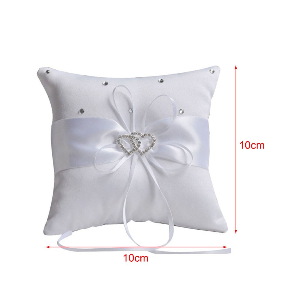 Wedding Ring Pillow Ribbon Bowknot Rhinestones Heart Decoration Party Satin Cushion INTE99