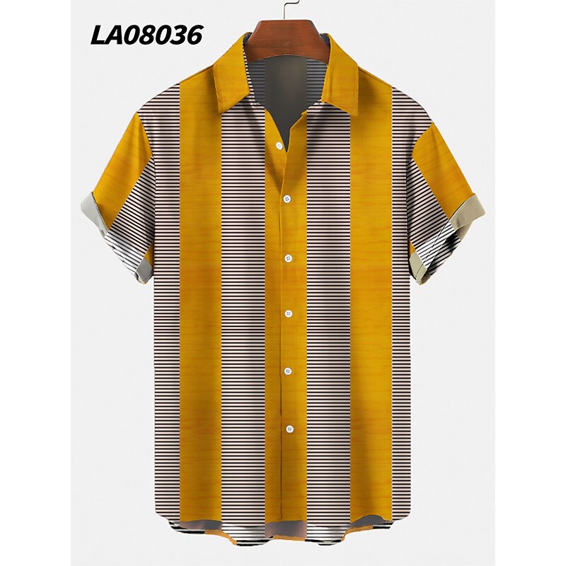 Zomer Shirts Voor Mannen Geel Gestreepte 3d Digital Printing Trend Losse Korte Mouwen Heren Shirts Top: LA08036 / M