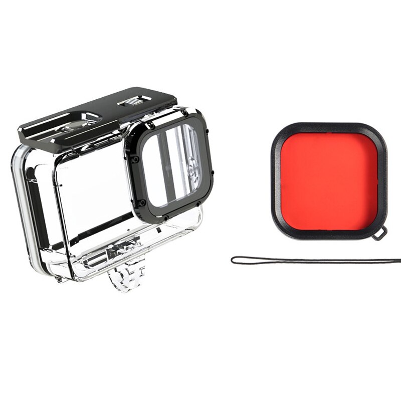 Red Purple Filter Tempered Glass Lens Cover + 50M Underwater Waterproof Housing Case For Gopro Hero 9 Black Camera Accessories: Case w Red Filter