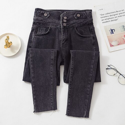 Skinny jeans voor dames, hoge taille, drie knopen, zwarte denim potloodbroek voor dames, koreaanse chique lange jeans voor dames: Zwart grijs / M