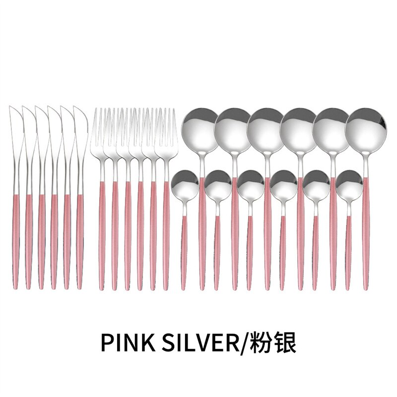 Couverts en acier inoxydable, 24 pièces, service de table, cuillère, couteau, fourchette, couteau, portugais occidental: PinkSliver