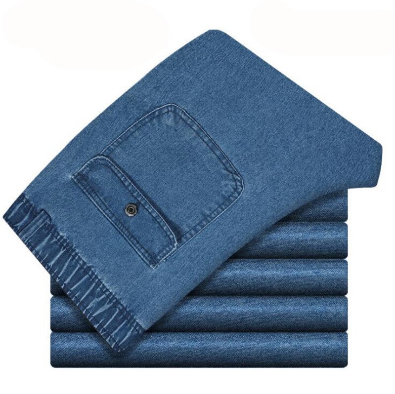 #1301 forår efterår formelle lige jeans mænd lille lomme elastik talje far midaldrende jeans løs elastik talje blå denim: Blå / 4xl