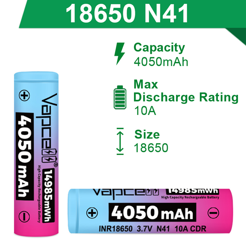 Original Vapcell N41 INR 18650 Battery 4050mah 10A 3.7V Highest Capacity Rechargeable Li-ion Battery for Flashlight Toys