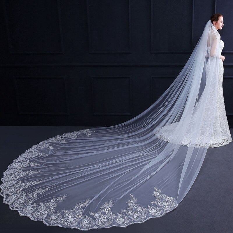 3/4/5 Meter White Ivory Cathedral Wedding Veils Long Lace Edge Bridal Veil with Comb Wedding Accessories Bride Veu Wedding Veil
