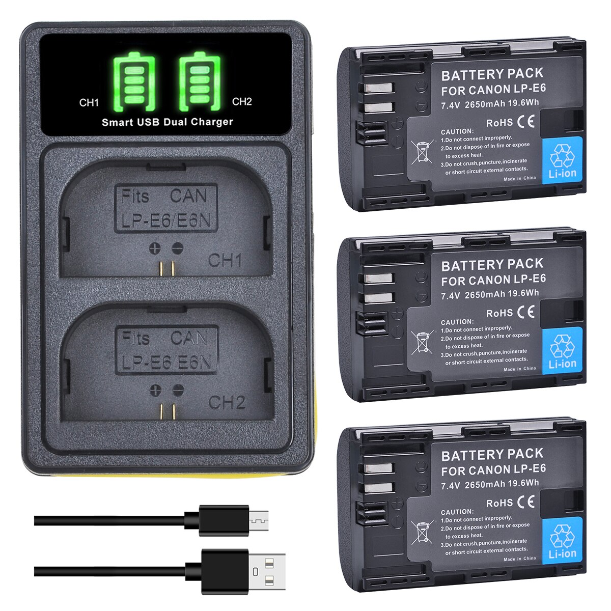 2650Mah LP-E6 LP-E6N Batterij & Led Type-C Dual Charger Voor Canon Eos Mark Iii 6D 7D 80D eos 5DS R 5DS R 5D Mark Ii 5Dcamera: 3 battery 1 charger