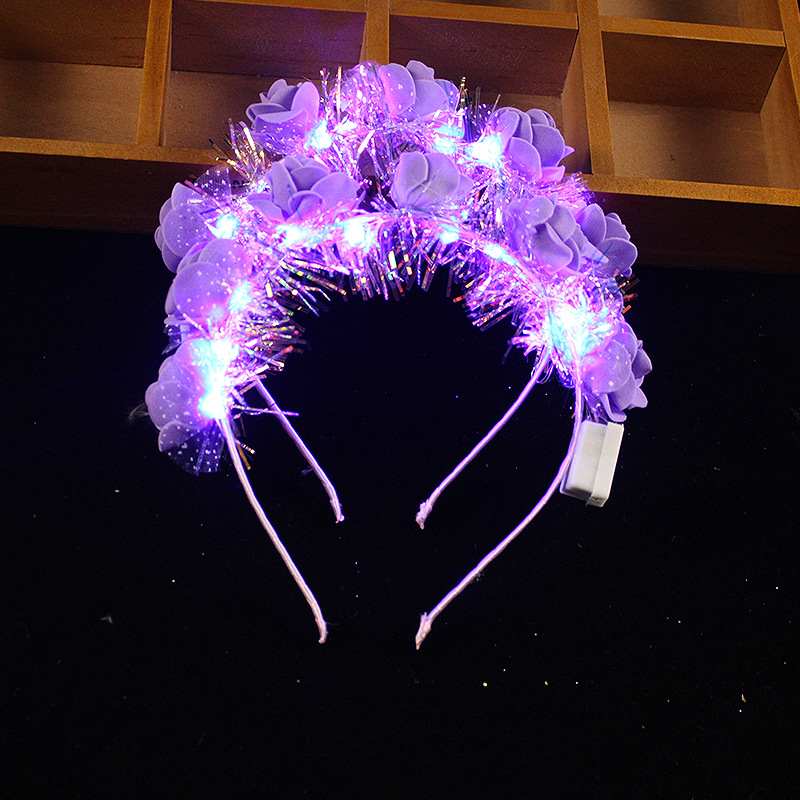 Diadema de flores con luz LED para niña y mujer, guirnaldas de pelo brillantes, suministros para de cumpleaños y Rave: Morado