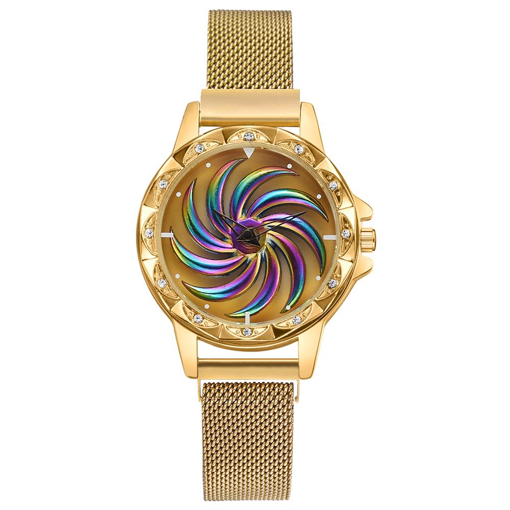 Kvinder luksus magnet armbånd ure 360 roterende heldige damer rustfrit stål guld quartz ur relogio feminino: Guld